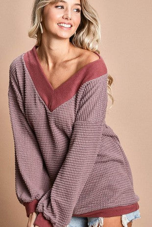 Mauve V Neck Waffle Knit Pullover