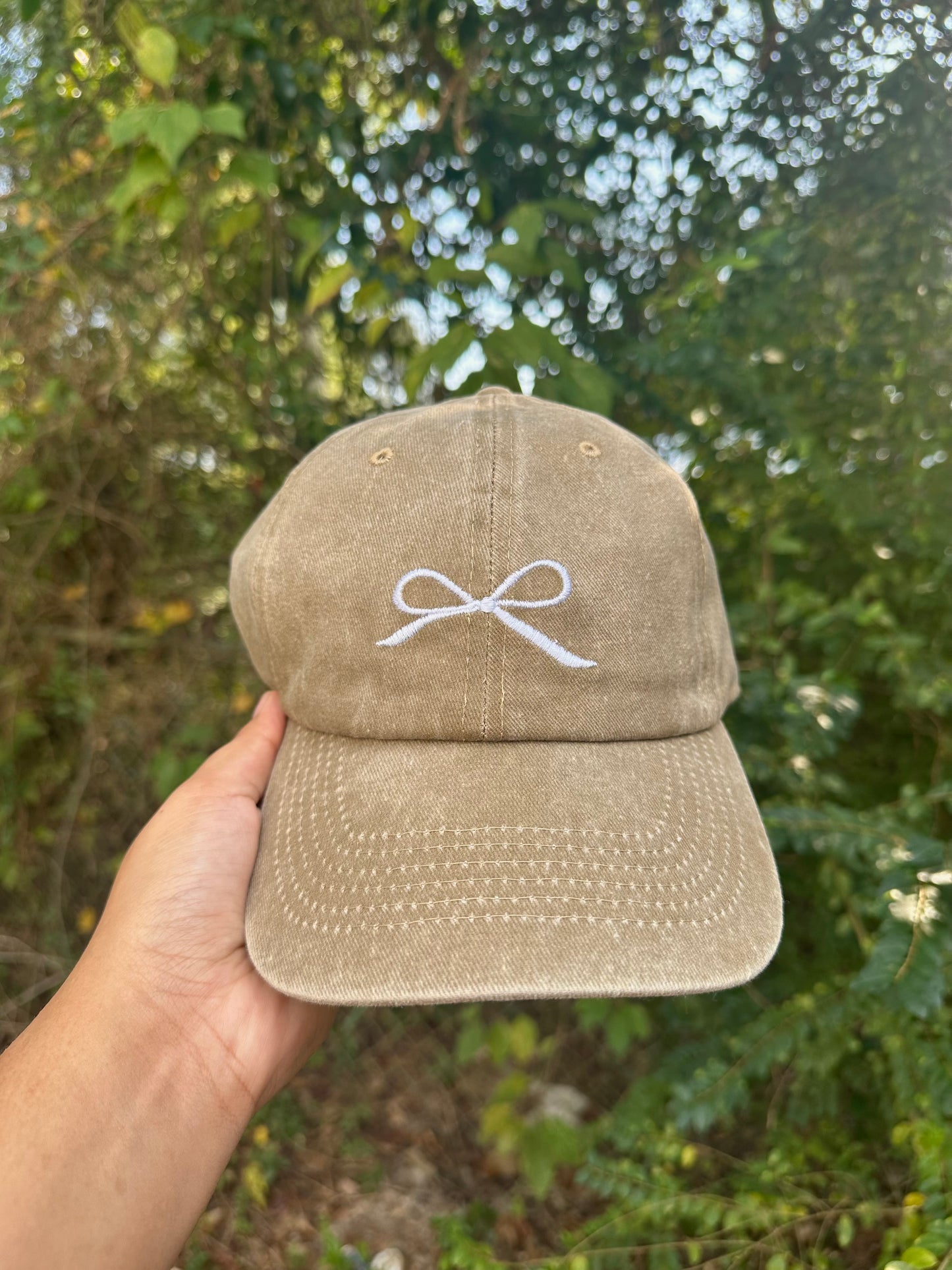 Bow Embroidered Cap-Mocha Vintage Wash