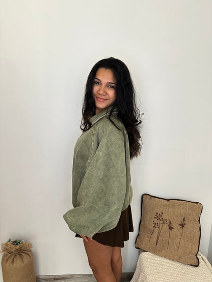 Olive Green Fleece Balloon Pullover- Acid Wash