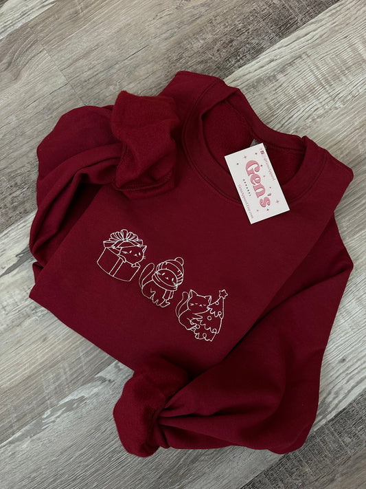 Embroidered Cat Christmas Sweatshirt