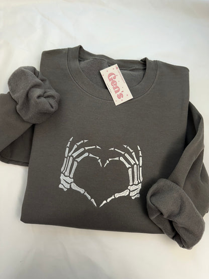 Embroidered Skeleton Heart Hands Sweatshirt