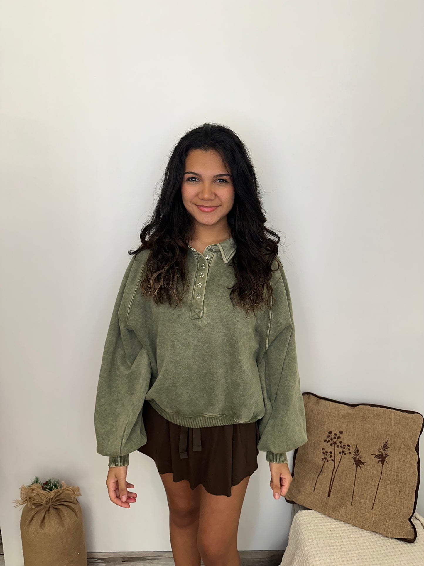 Olive Green Fleece Balloon Pullover- Acid Wash