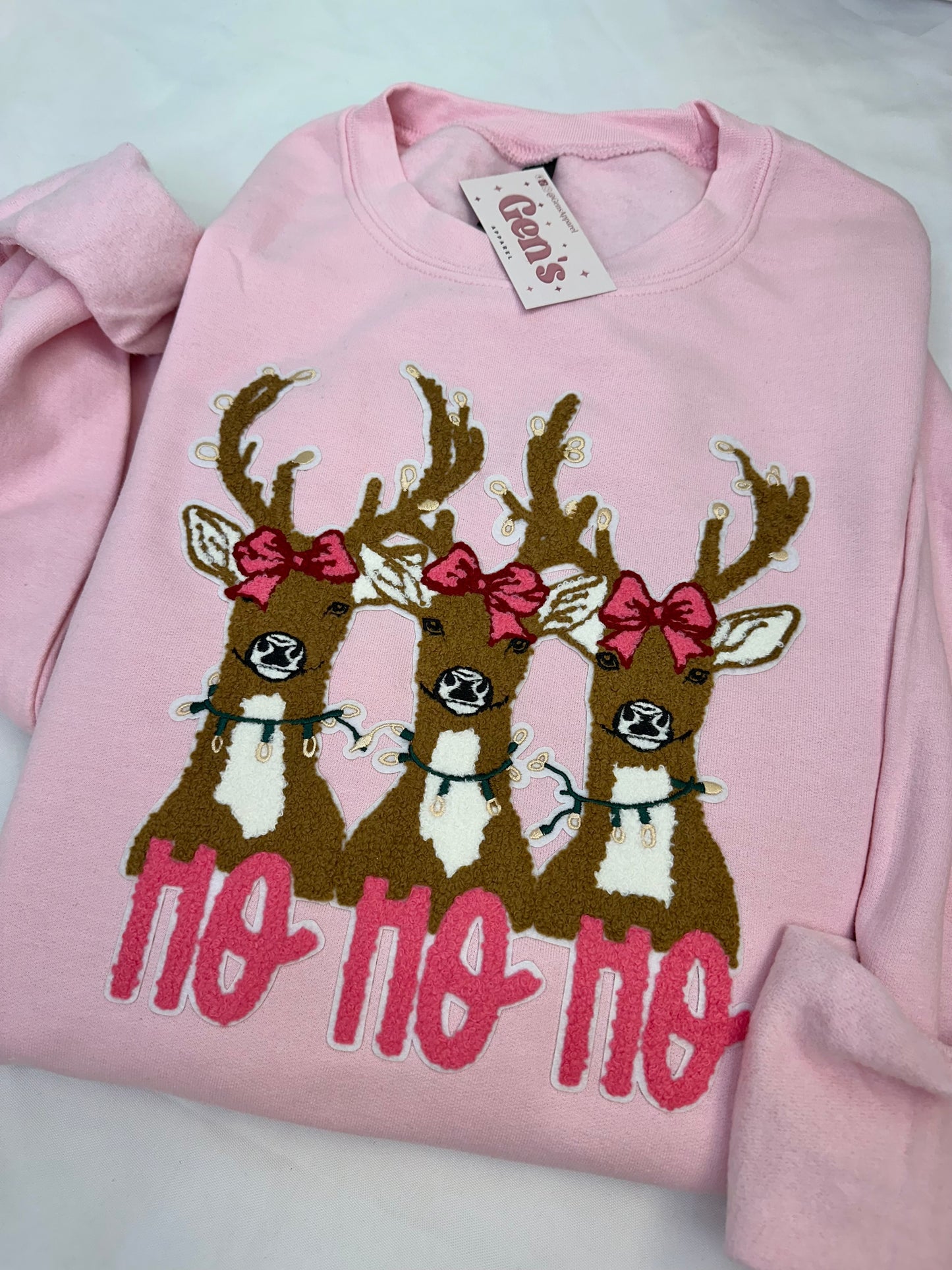 Ho Ho Ho Coquette Reindeer Chenille Patch Sweatshirt