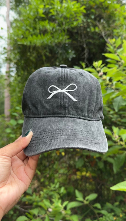 Bow Embroidered Cap-Black Vintage Wash