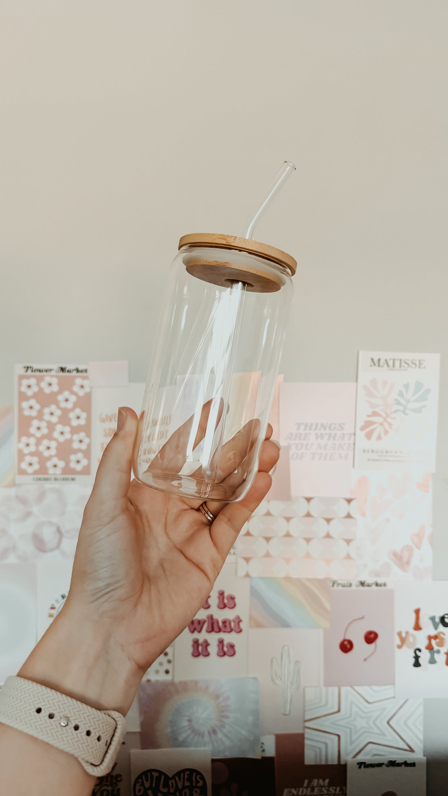 16oz Glass Cup with Bamboo lid & Glass straw (You pick your design)