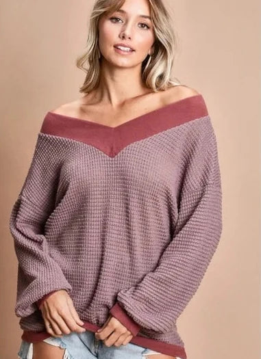 Mauve V Neck Waffle Knit Pullover